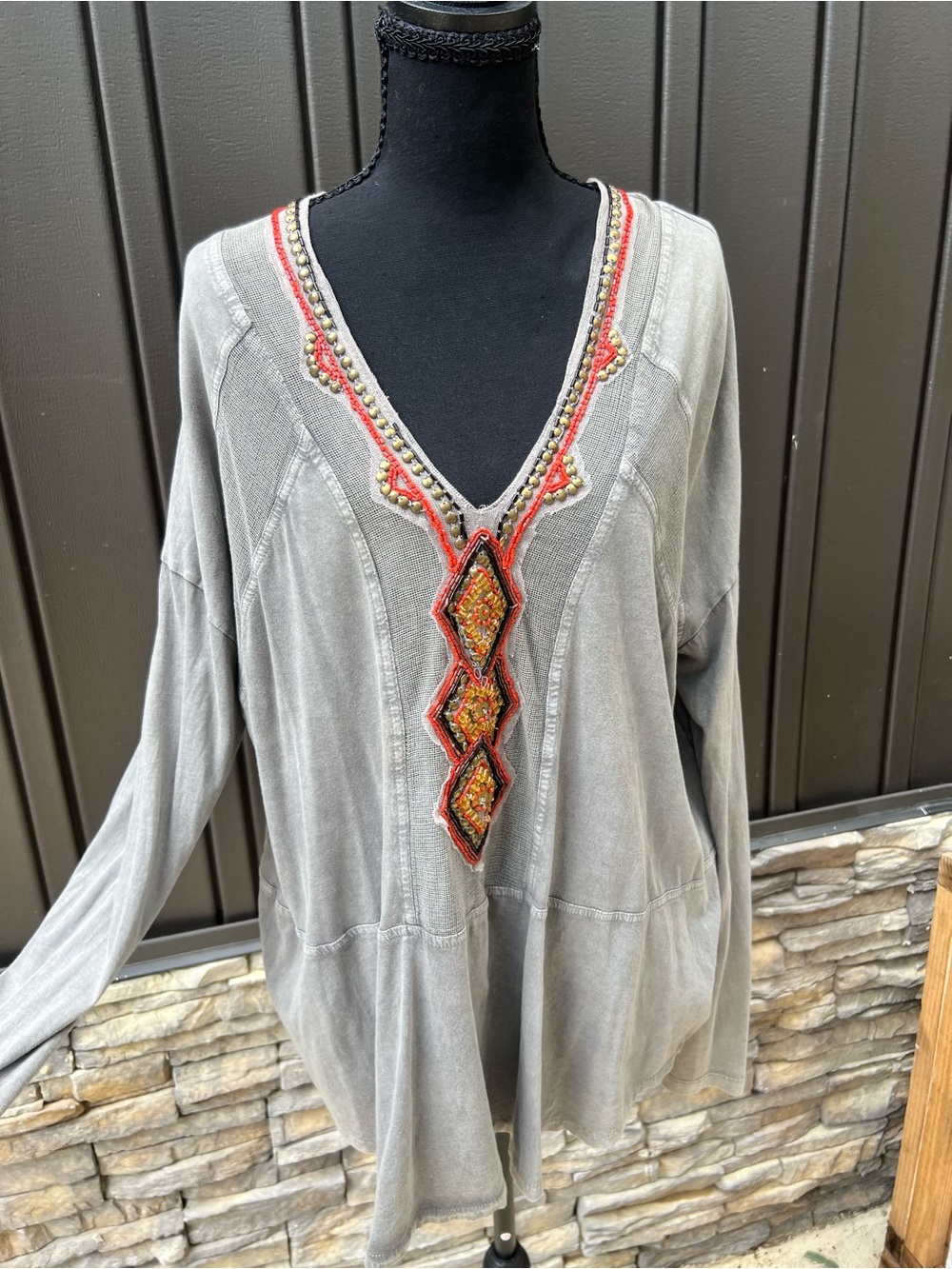 Free People Gray V-Neck Tunic with Coral & Gold Embroidery